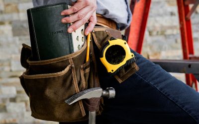 Announcing Five Tools for Spiritual Growth book: photo of man with Bible in his tool belt